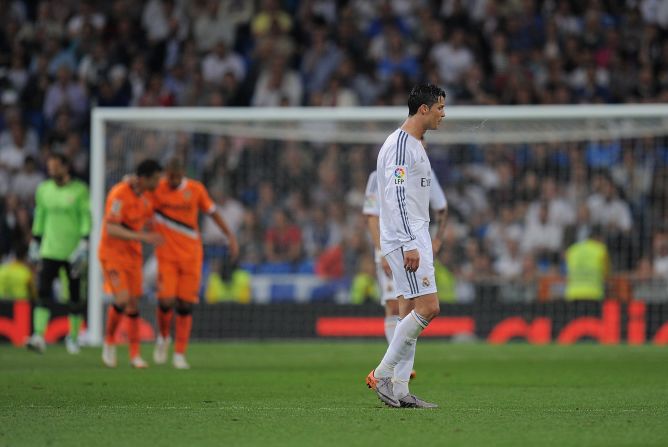 Cristiano Ronaldo reacts in disbelief as Valencia go 2-1 ahead in the Bernabeu in a vital La Liga match.