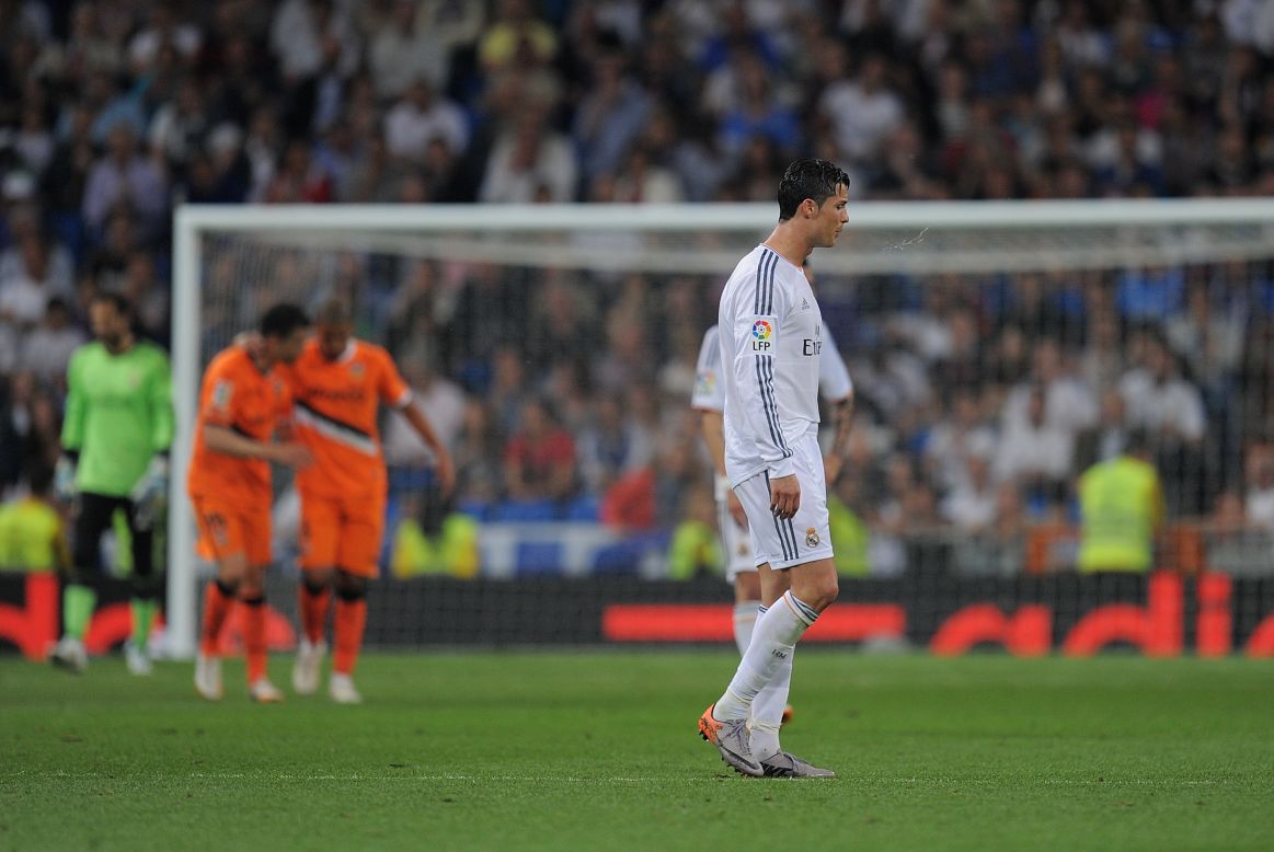 Cristiano Ronaldo reacts in disbelief as Valencia go 2-1 ahead in the Bernabeu in a vital La Liga match.