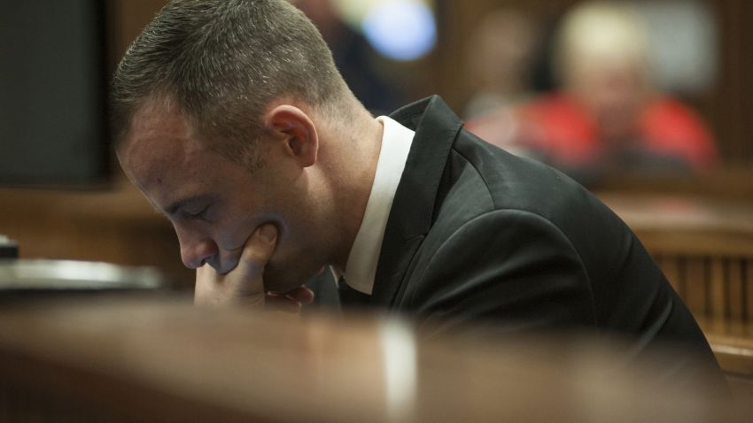 Oscar Pistorius looks down during his murder trial in Pretoria, South Africa, on Monday, May 5.