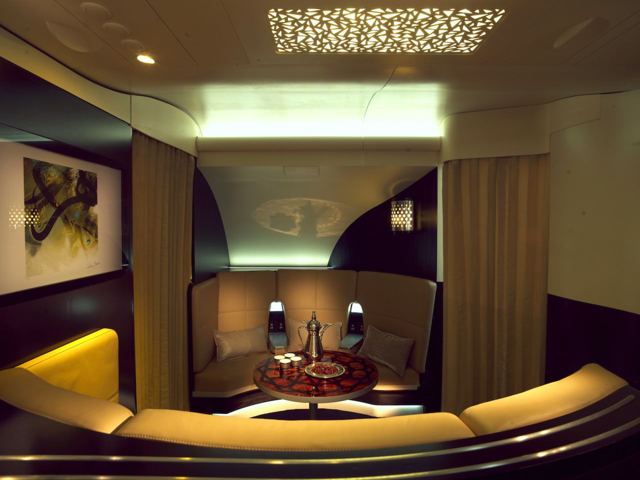 On the Airbus A380, first- and business-class fliers can chat with their moneyed counterparts in The Lobby, a serviced lounge located between the first and business cabins.