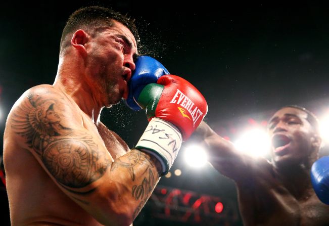 Adrien Broner lands a punch against Carlos Molina during their super-lightweight boxing match Saturday, May 3, in Las Vegas. Broner won the 10-round bout by unanimous decision to earn the vacant WBA International title.