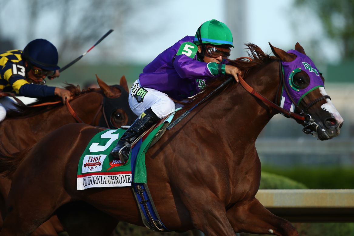 Victor Espinoza rides California Chrome to victory in the Kentucky Derby on Saturday, May 3. California Chrome was the pre-race favorite, entering at 2-1 odds.
