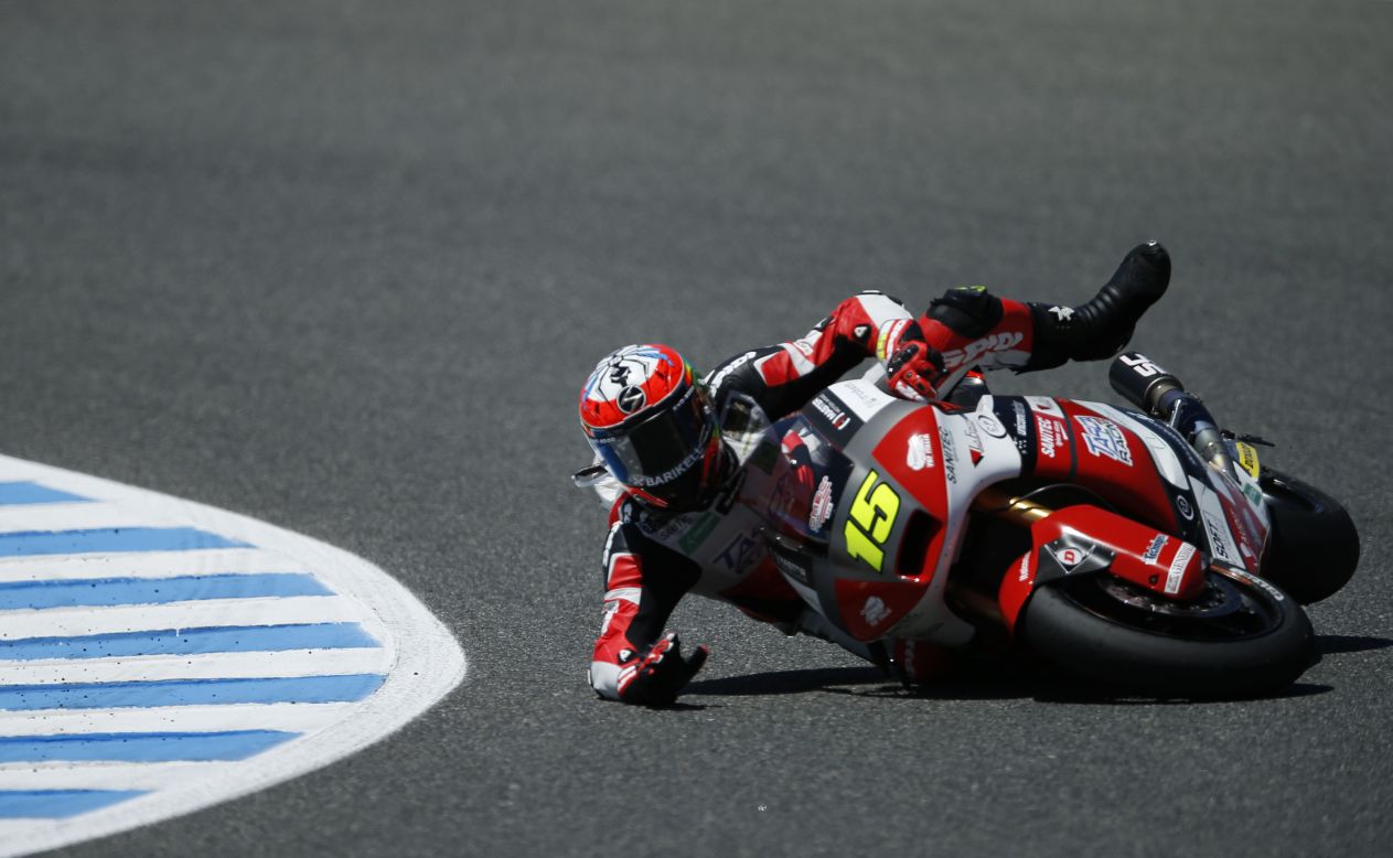 Moto2 rider Alex de Angelis falls Friday, May 2, at a practice session of the Spanish Grand Prix in Jerez de la Frontera, Spain. Mika Kallio won the race two days later.