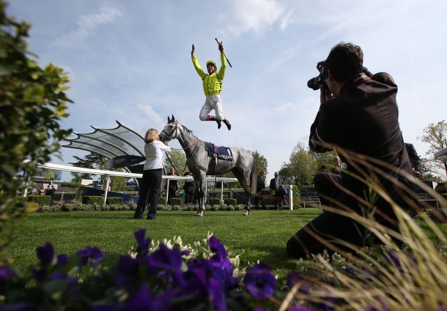 Frankie Dettori celebrates after riding Tac De Boistron to victory in the Sagaro Stakes, which was held Wednesday, April 30, in Ascot, England.