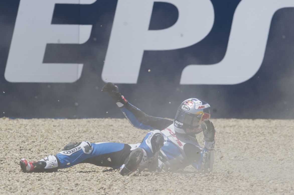 MotoGP competitor Maverick Vinales crashes out during practice at the Spanish Grand Prix on Friday, May 2. The race was won two days later by Marc Marquez, who has won the first four MotoGP events this season.