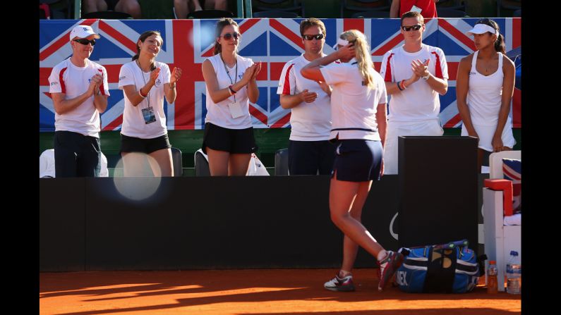 Baltacha walks to thank her supporters after a Fed Cup loss to Argentina's Maria Irigoyen in April 2013.