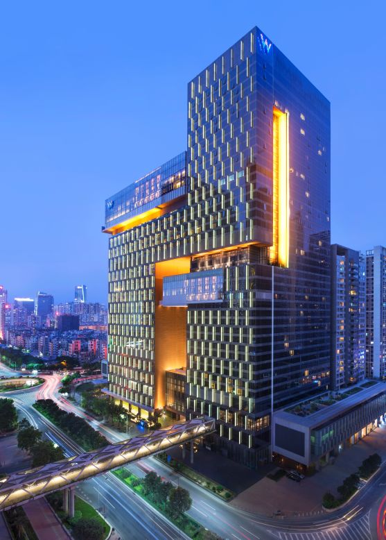 <strong>W Guangzhou, Guangzhou</strong><br /><strong>Architect: </strong>Rocco Design Architects Limited<br /><strong>Status: </strong>Opened 2013<br /><strong>Rooms: </strong>317<br /><strong>Fast fact:</strong> Set on Pearl River, W Guangzhou features stunning designs throughout the hotel, including a three-story waterfall installation at the entrance and a three-story glass loft suspended from the side of the building. The hotel was on the shortlist in the hotel/leisure category of the <a href="http://www.dezeen.com/2013/07/03/world-building-of-the-year-2013-shortlist-announced/" target="_blank" target="_blank">World Building of the Year 2013</a> and won the International Interior Design Association's Best of Asia Pacific Design Award. <br /><a href="http://www.starwoodhotels.com/whotels/property/overview/index.html?propertyID=3126" target="_blank" target="_blank"><em>W Guangzhou</em></a><em>, 26 Xian Cun Road,Pearl River New Town, Tianhe District Guangzhou,Guangdong; +86 20 6628 6628</em>