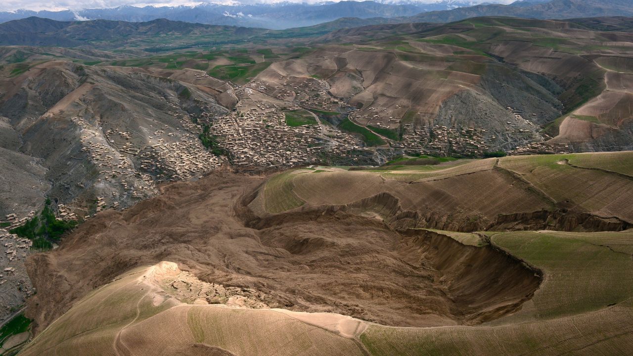 The mud and rocks of the landslide are pictured in this aerial view of the Abi Barak village on May 5. 