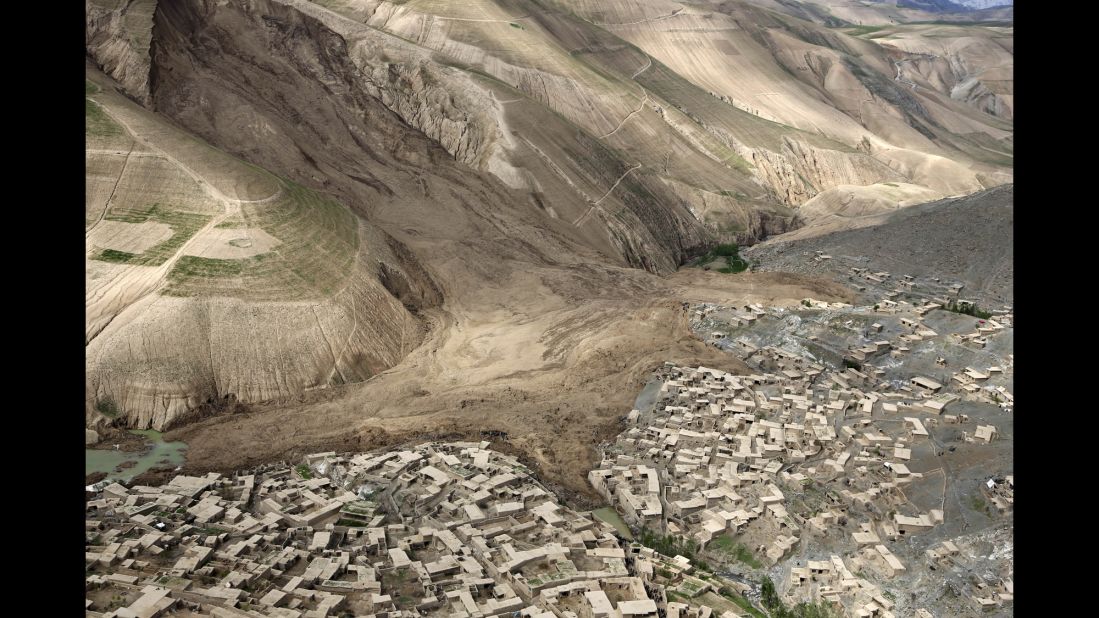 An aerial view on May 5 shows the destruction of the landslide that buried the village of Abi Barak. 