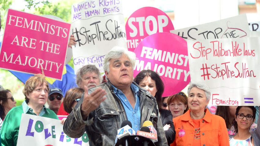 Jay Leno speaks at a protest across from the Beverly Hills Hotel, owned by the Sultan of Brunei, demanding he rescind Brunei's adoption of sharia law, on May 5 2014 in Beverly Hills, California. 