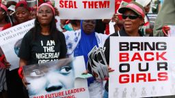 Women attend a demonstration calling on government to rescue kidnapped school girls of a government secondary school Chibok, in Lagos, Nigeria, Monday, May. 5, 2014. A leader of a protest march for 276 missing schoolgirls said that Nigeria's First Lady ordered her and another protest leader arrested Monday, expressed doubts there was any kidnapping and accused them of belonging to the Islamic insurgent group blamed for the abductions. Saratu Angus Ndirpaya of Chibok town said State Security Service agents drove her and protest leader Naomi Mutah Nyadar to a police station Monday (AP Photo/ Sunday Alamba)