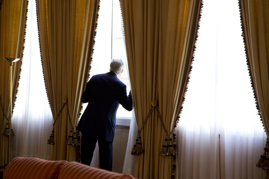 Kerry looks out a window moments before meeting with Algerian President Abdelaziz Bouteflika in Zeralda, Algeria, in April 2014.