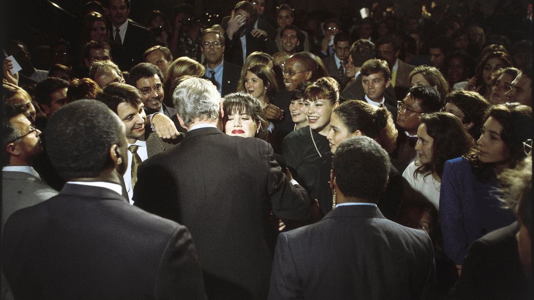 Monica Lewinsky embraces U.S. President Bill Clinton at a Democratic fundraiser in Washington in October 1996. Lewinsky, the White House intern who had a sexual relationship with Clinton during his time in office, has finally <a href="http://www.cnn.com/2014/05/06/politics/lewinsky-clinton-affair/index.html">broken her silence</a> on the affair in a Vanity Fair article.