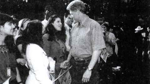 Another image submitted as evidence in September 1998 shows Lewinsky meeting President Clinton at a White House function.