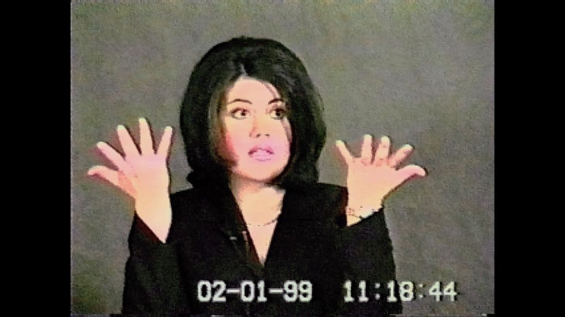 Lewinsky gestures during her deposition in a video shown during Clinton's impeachment trial in 1999.