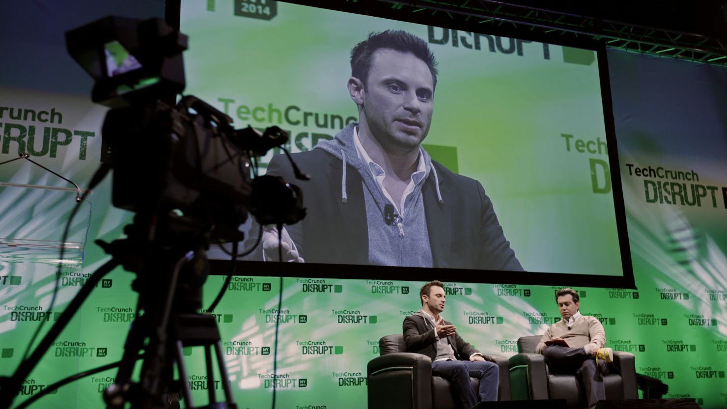 Brendan Iribe, CEO of Oculus VR Inc., left, speaks during the TechCrunch Disrupt NYC 2014 conference on Monday, May 5. 