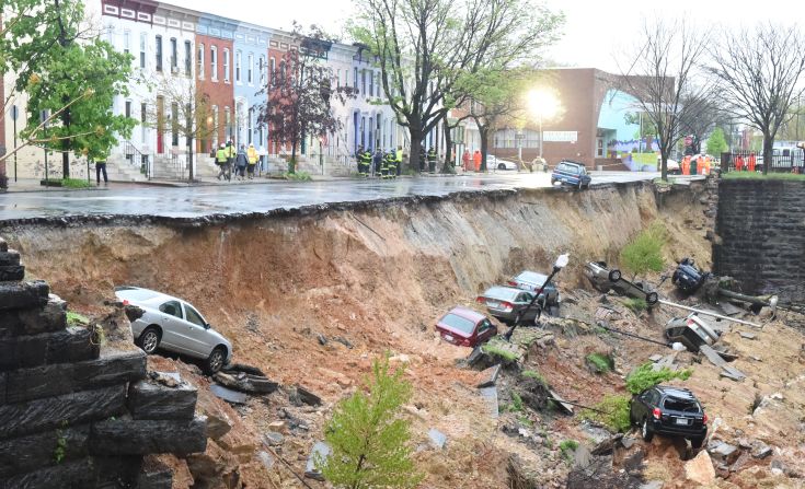 More than 300 experts helped produce the report over several years, updating a previous assessment published in 2009. A Democratic operative who now counsels the President called the report "actionable science" for policymakers and the public to use in forging a way forward. In this image, cars are seen in the aftermath of an embankment collapse in Baltimore as a massive storm system pounded the mid-Atlantic on April 30.