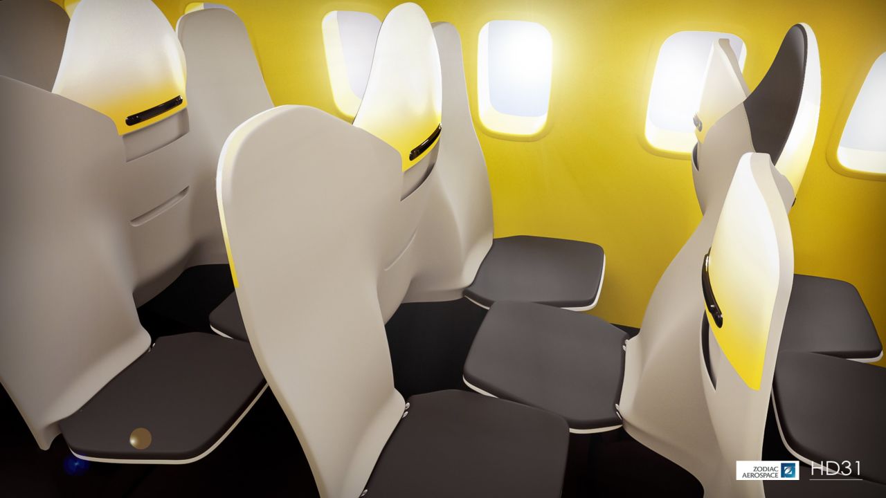 Zodiac Aerospace ha estado experimentando con un concepto que presentaría dos asientos viendo hacia el frente con un asiento individual viendo hacia atrás en medio.