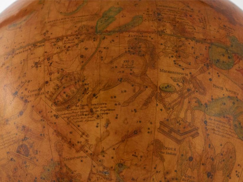 This 1772 celestial globe pays homage to the hottest tech trends of its time with call outs to constellations like Microscopium and Telescopium.