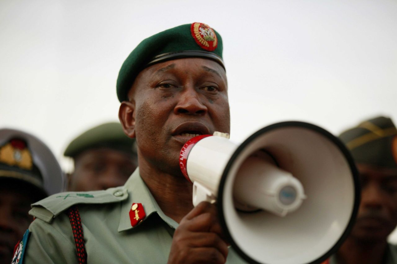 Brig. Gen. Chris Olukolade, Nigeria's top military spokesman, speaks to people at a demonstration May 6 in Abuja.