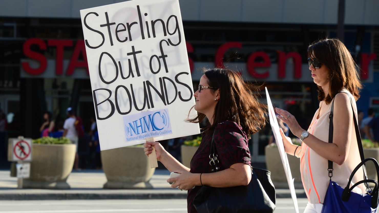Protesters outside the Staples Center prior to Game 5 of the NBA playoff game between the Los Angeles Clippers and the Golden State Warriors.