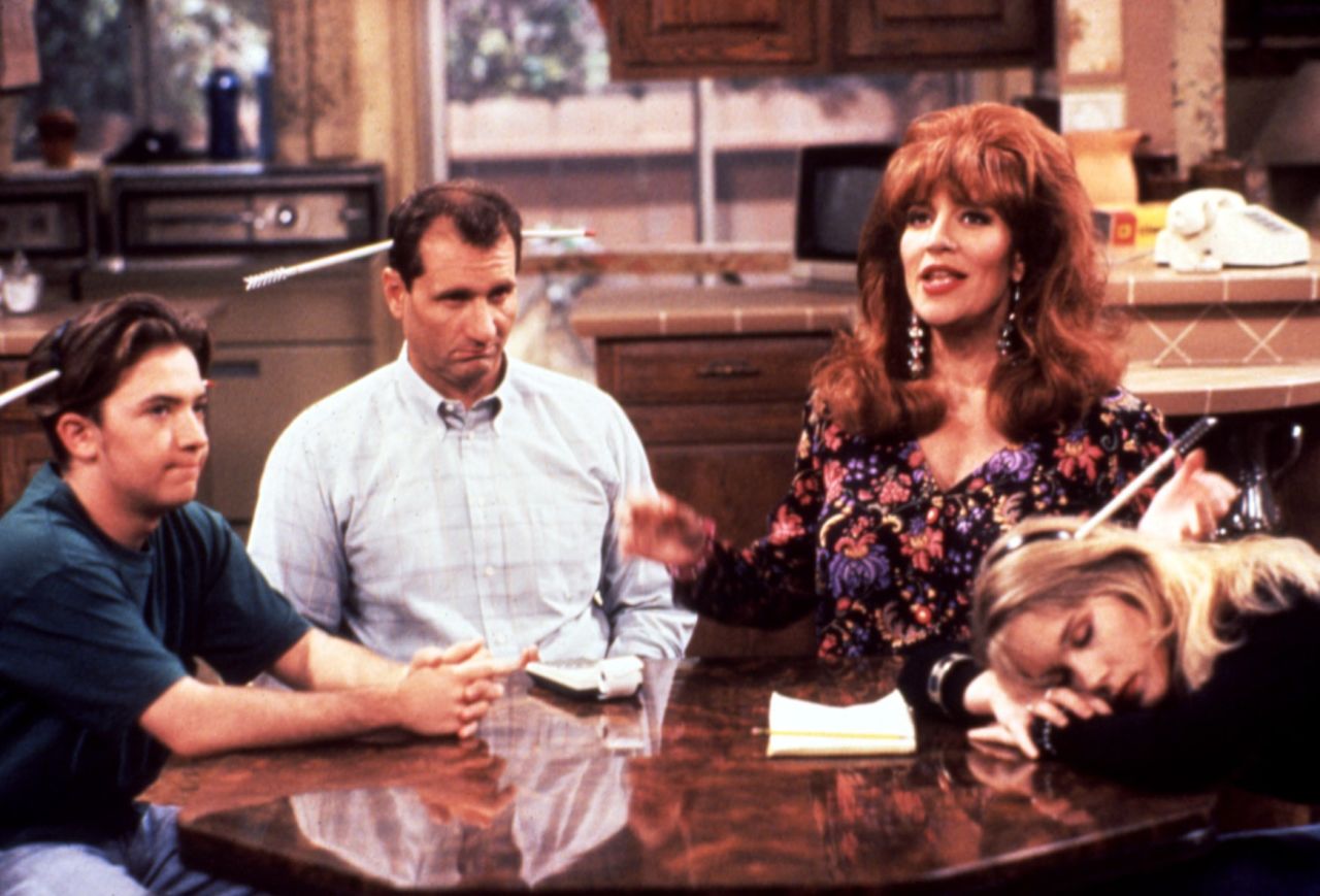 Peggy Bundy of "Married ... With Children" (Katey Sagal, second from right) was blowzy and materialistic, but she would stand with her family when threatened. Son Bud (David Faustino), husband Al (Ed O'Neill) and daughter Kelly (Christina Applegate) were usually firmly behind her. 