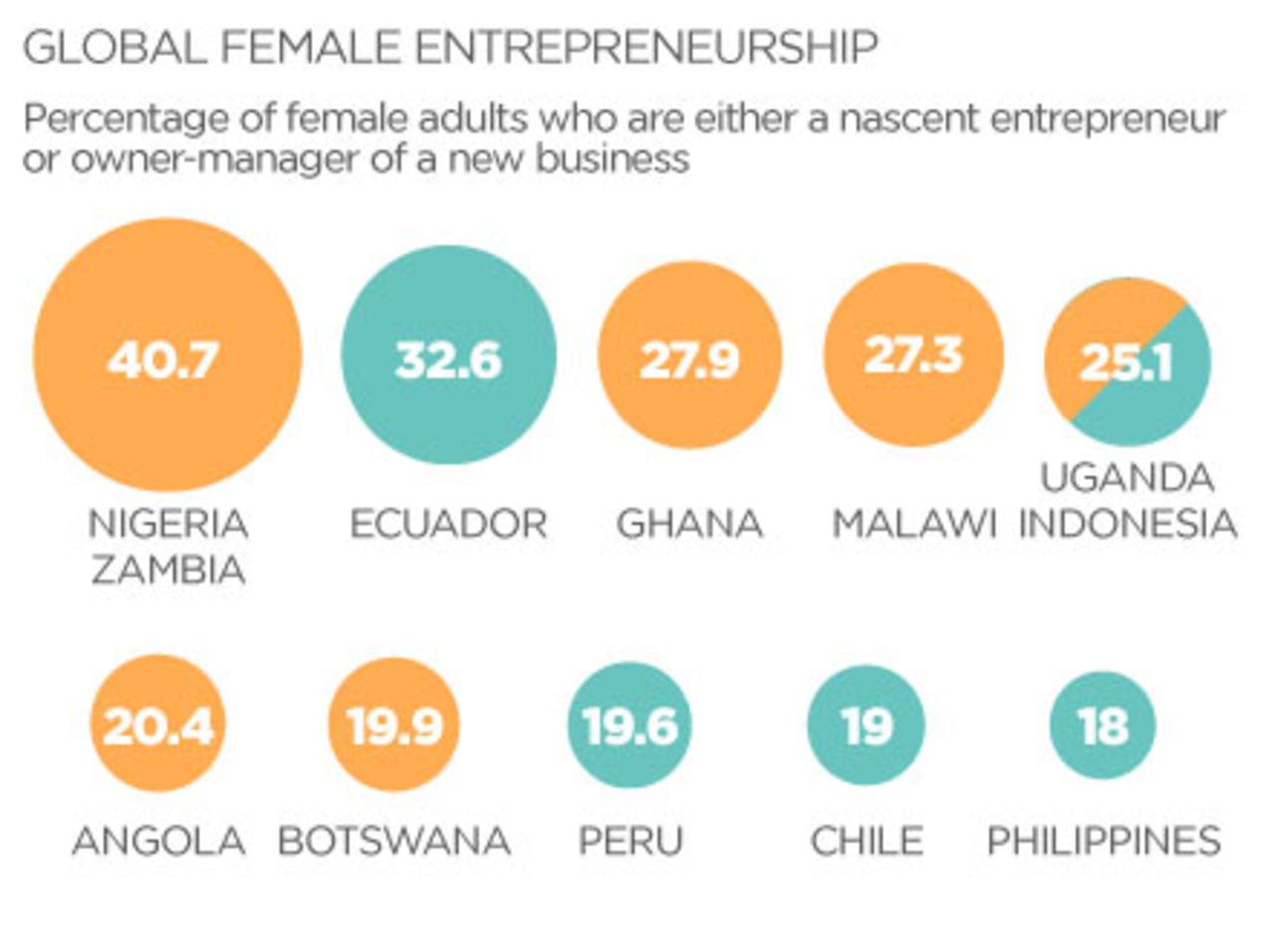 Globally, Africa has a much higher proportion of female entrepreneurs compared to other regions, with Nigeria and Zambia (both 40.7%) leading the table.
