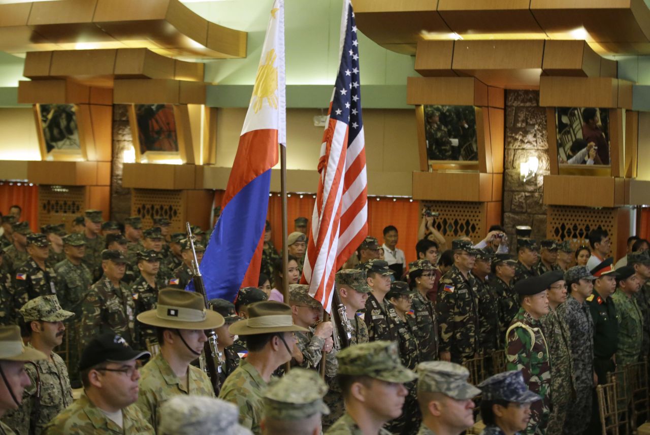 Military officers from the U.S., Philippines, Australia and others at the opening ceremony for the joint U.S.-Philippines military exercise dubbed Balikatan 2014 on May 5, 2014.