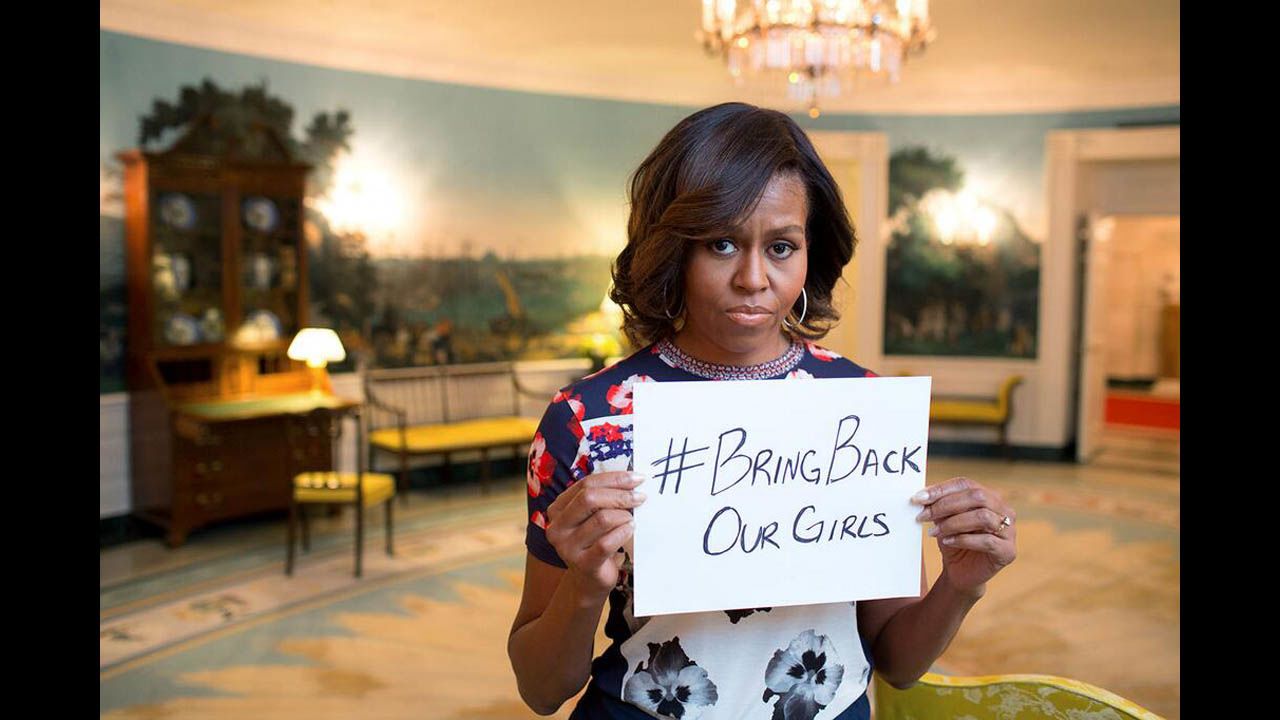 First Lady Michelle Obama <a href="https://twitter.com/FLOTUS/status/464148654354628608/photo/1" target="_blank" target="_blank">tweeted this picture</a> of herself holding a #BringBackOurGirls sign in support of the schoolgirls abducted by Boko Haram in Nigeria.