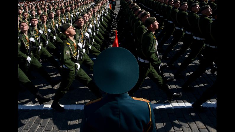 Russian soldiers march on Red Square in Moscow during a Victory Day parade.