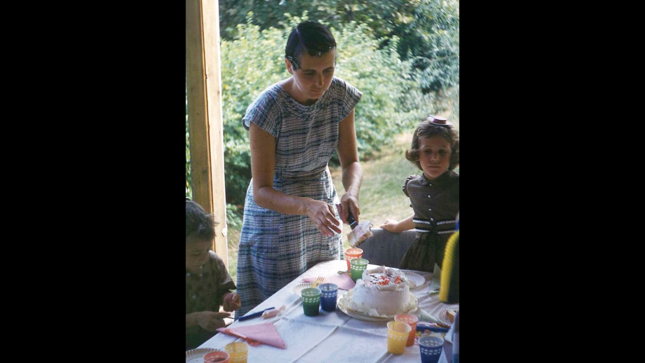 Janis Brett Elspas with her mom in 1961 at an  "old fashioned" backyard birthday party.