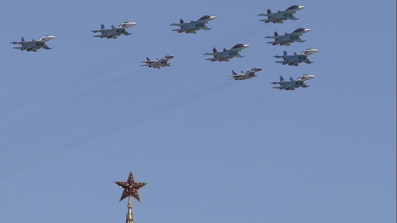 Russian Air Force fighter jets fly over Red Square in Moscow.
