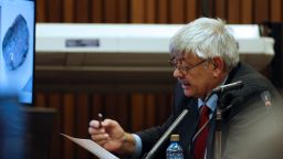 Retired South African Police Service forensics expert, Tom 'Wollie' Wolmarans, speaks during his testimony at the Oscar Pistorius trial at the high court in Pretoria, South Africa, on May 9, 2014.