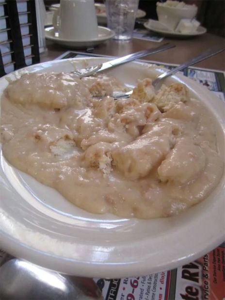 When Pennsylvanians try to make a traditional southern breakfast, this happens. Sausage gravy and biscuits -- special of the day from a restaurant in Harrisburg. "We tried to eat it and it actually tasted as terrible as it looked," says the photographer of this picture.