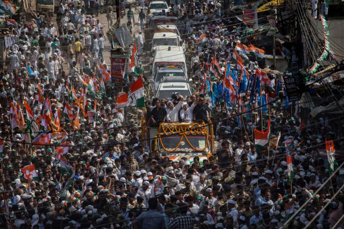 The Indian National Congress party's Rahul Gandhi, center, waves to supporters at a rally in Varanasi on Saturday, May 10, the final day of campaigning in <a >India's national election</a>. There are 814 million eligible voters in India, making this the largest election in world history.