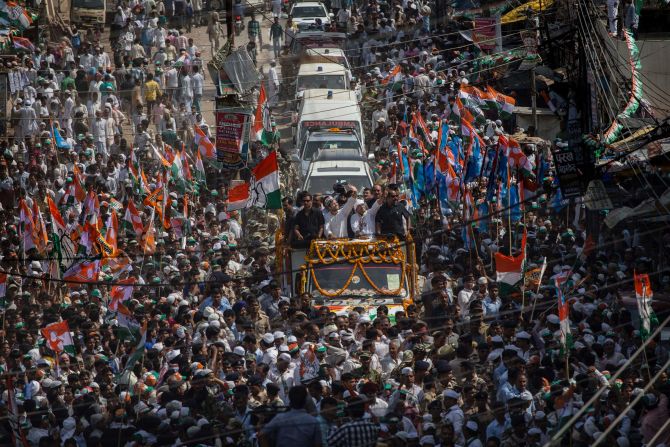 The Indian National Congress party's Rahul Gandhi, center, waves to supporters at a rally in Varanasi on Saturday, May 10, the final day of campaigning in <a href="http://www.cnn.com/2014/04/06/opinion/bergen-india-elections-11-things/">India's national election</a>. There are 814 million eligible voters in India, making this the largest election in world history.