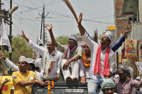 Former TV journalist Ashutosh and actor Jaaved Jaffrey, who are Aam Aadmi Party parliamentary candidates, help campaign for party leader Arvind Kejriwal in Varanasi. Kejriwal established the party in response to the anti-corruption protests in 2011-12, and the party had a surprise showing in the 2013 local elections for the Delhi Assembly. 