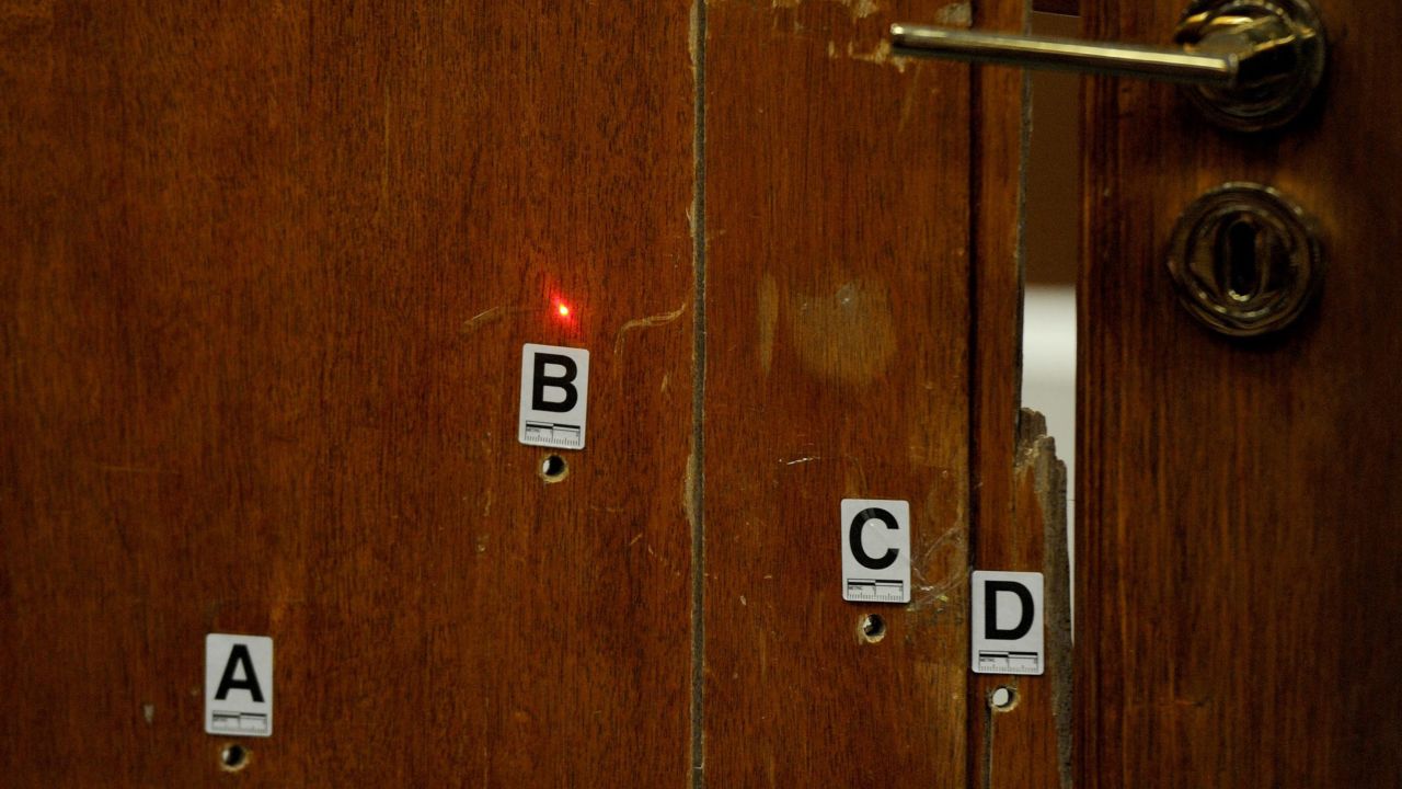 A red laser dot points at bullet holes in the bathroom door for a forensic demonstration during the trial on May 12. Pistorius admits firing four bullets through the closed door, killing Steenkamp, but says he thought he was protecting himself from a burglar.