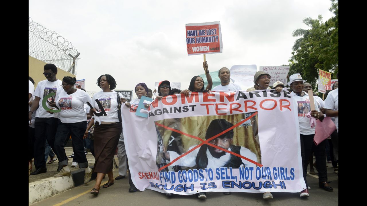 People march in Lagos, Nigeria, on Monday, May 12, to demand the release of the kidnapped schoolgirls.
