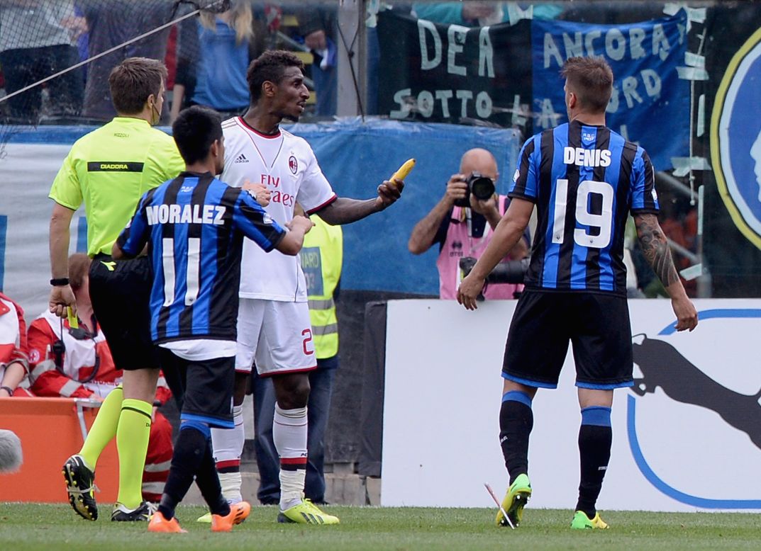 AC Milan defender Kevin Constant is enraged after a banana is thrown onto the pitch during his side's 2-1 defeat at Atalanta.