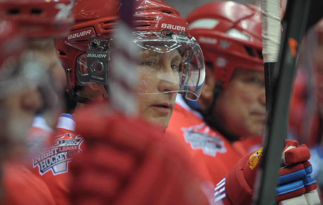 Russian President Vladimir Putin participates in a hockey match featuring amateur hockey players and professional stars in Sochi, Russia, on Saturday, May 10.