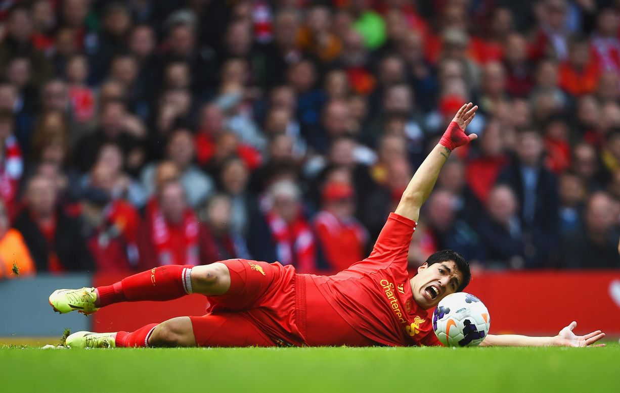 Luis Suarez of Liverpool reacts during the Premier League match against Newcastle United in Liverpool, England, on Sunday, May 11. Liverpool won 2-1.
