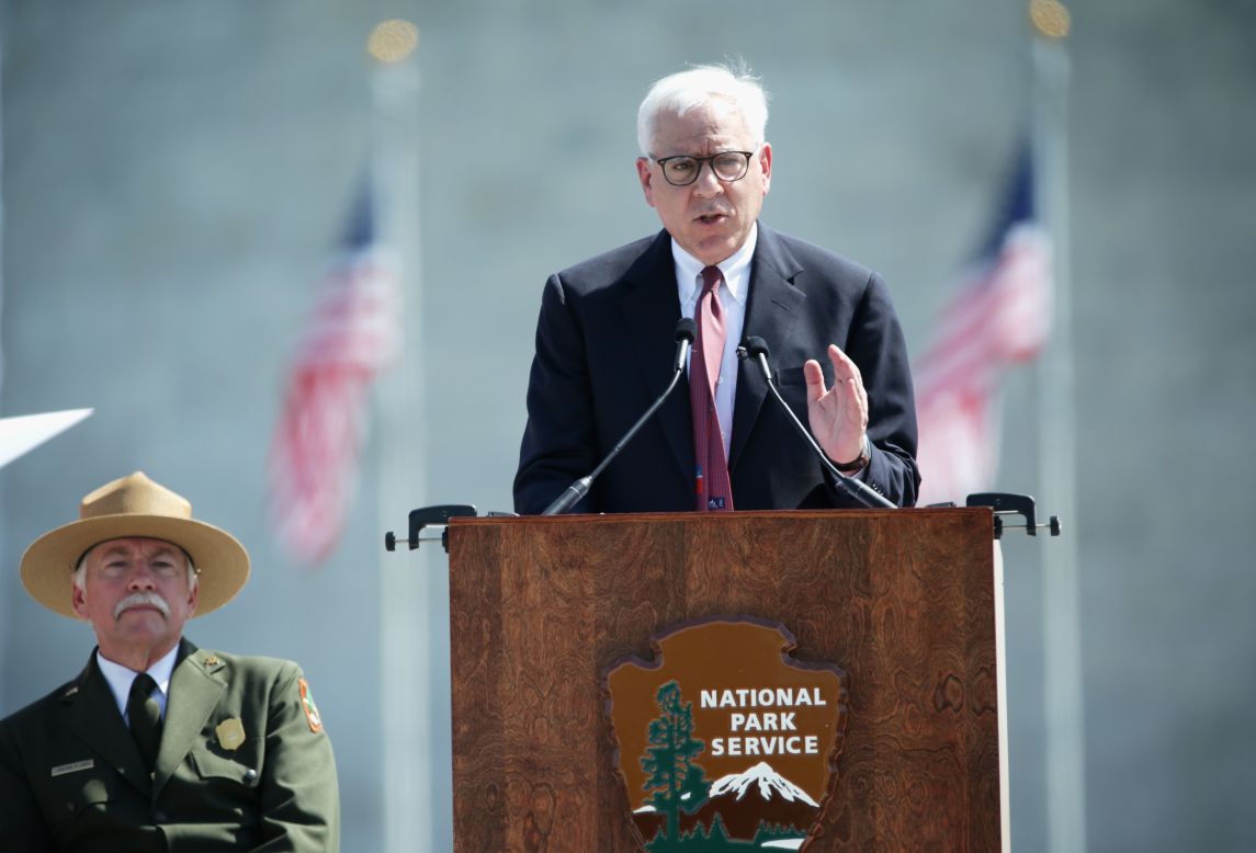 David Rubenstein, co-founder and co-CEO of the Carlyle Group, addresses National Park Service Director Jonathan Jarvis and the rest of the crowd. For the restoration project, Congress allocated $7.5 million, and Rubenstein matched those funds with a $7.5 million donation via the Trust for the National Mall.