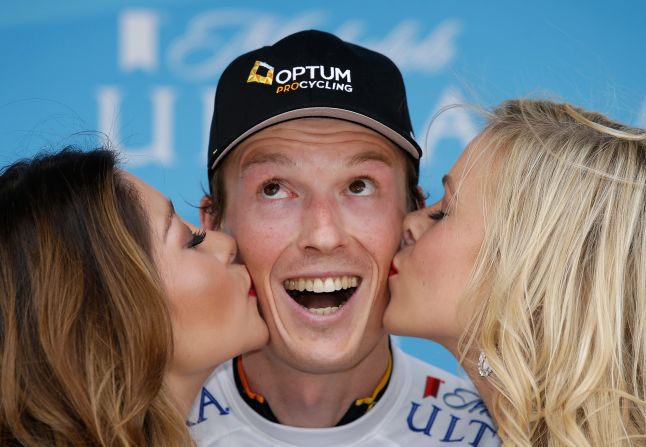 Cyclist Will Routley of Canada is awarded the "king of the mountain" polka dot jersey after earning it in Stage 1 of the 2014 Amgen Tour of California on Sunday, May 11.