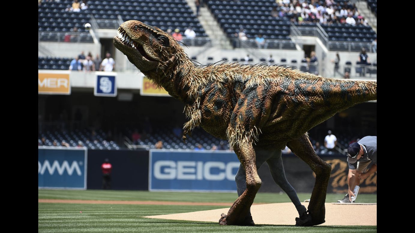 Baby T from "Walking with Dinosaurs" throws out the first pitch before a baseball game between the Kansas City Royals and the San Diego Padres at Petco Park in San Diego on Wednesday, May 7.