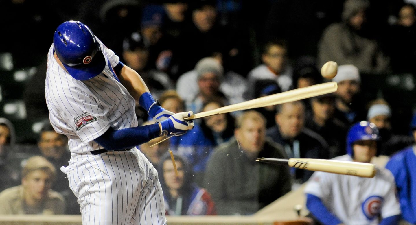 Chicago Cubs third baseman Mike Olt breaks his bat in the 10th inning of the game against the Chicago White Sox at Wrigley Field in Chicago on Tuesday, May 6.