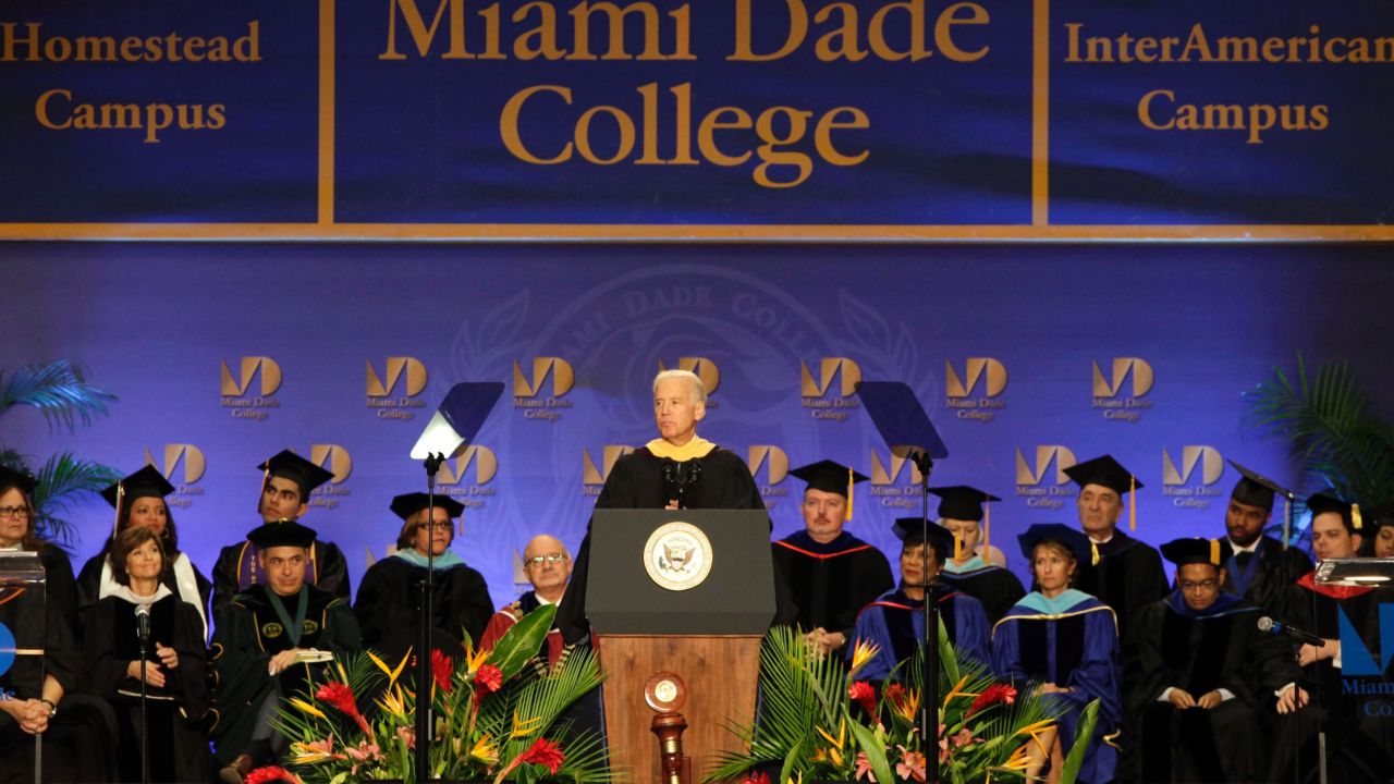The vice president of the United States gives the commencement addresses at Miami-Dade College on May 3. He later spoke at the University of South Carolina on May 9 and his alma mater, the University of Delaware, on May 31.<br />