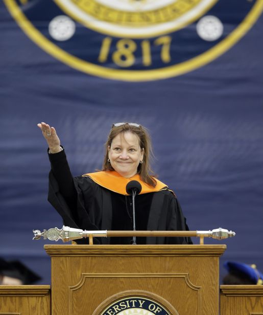 The General Motors CEO delivers the commencement address at the University of Michigan on May 3. Barra, the first woman to lead a major automaker, urged students to rethink old assumptions and correct injustices.