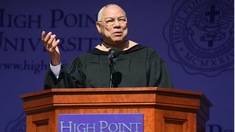 Gen. Colin Powell, the former secretary of state and chairman of the Joint Chiefs of Staff, delivers the commencement speech at High Point University in North Carolina on May 3.