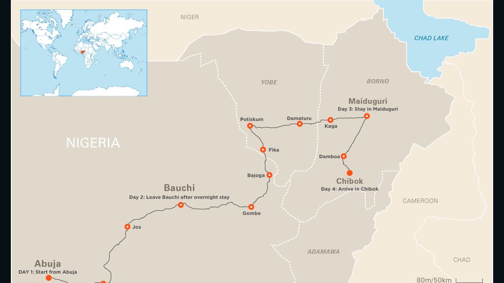 Map: Nima Elbagir's route to Chibok